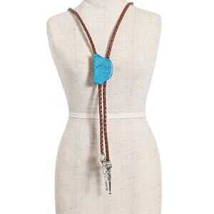 Cowgirl TURQUOISE Stone Brown Braided Leather Lariat Necklace
